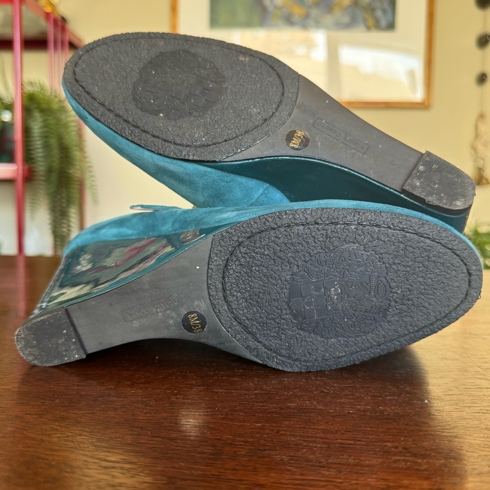 Vince Camuto Mary Jane Wedge Heels Magie Suede Leather Teal Blue/Green | Size 8 - Picture 8 of 10